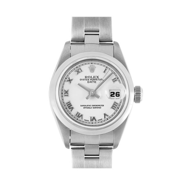 Rolex Ladies Stainless Steel White Roman Dial Smooth Bezel Quickset Date Watch