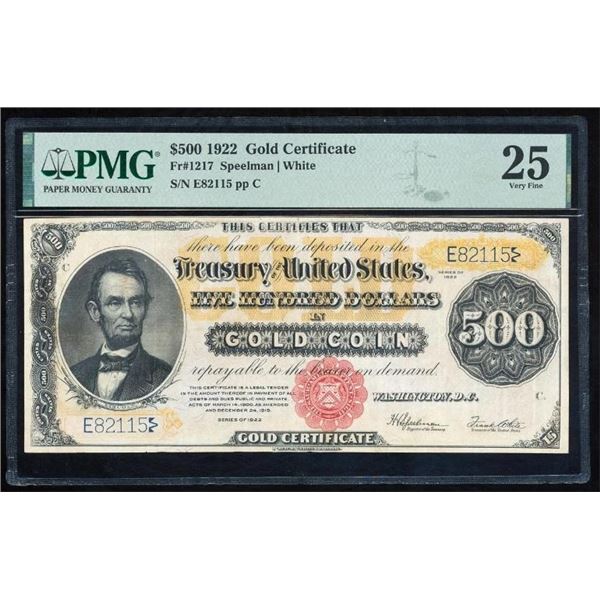 1922 $500 Gold Certificate PMG 25
