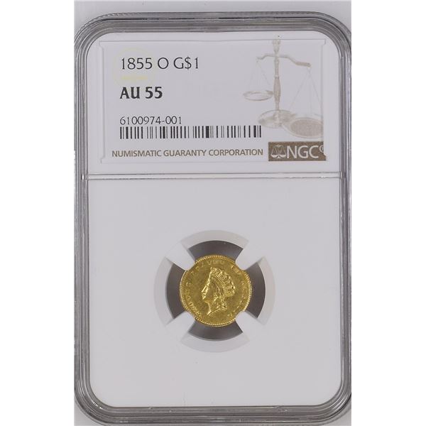 1855 $1 Type 2 Gold Coin NGC AU55