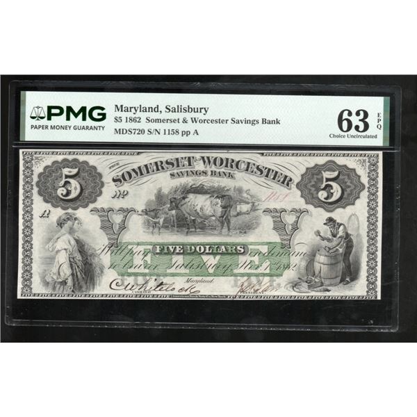 1862 $5 Salisbury MD Obsolete PMG 63EPQ
