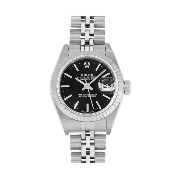 Rolex Ladies Stainless Steel Black Index 18K White Gold Fluted Quickset Datejust Watch