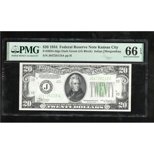 1934 $20 Kansas City FRN PMG 66EPQ