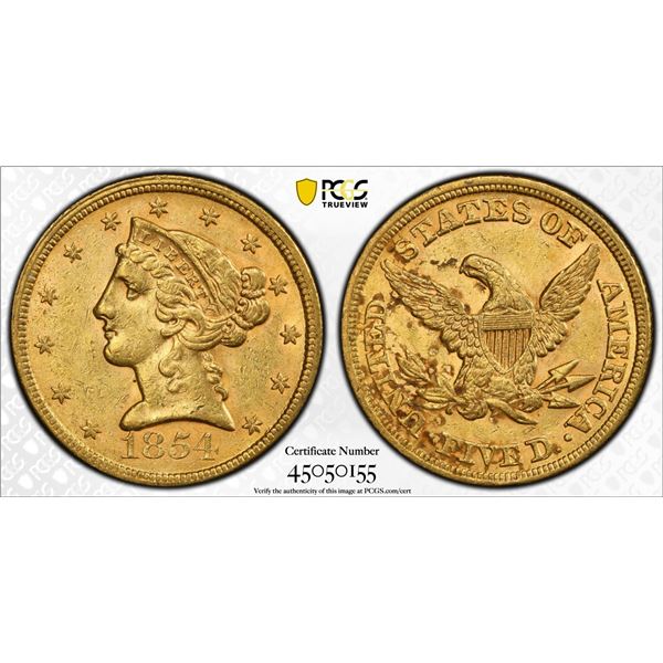 1854 $5 Liberty Head Half Eagle Gold Coin PCGS AU58