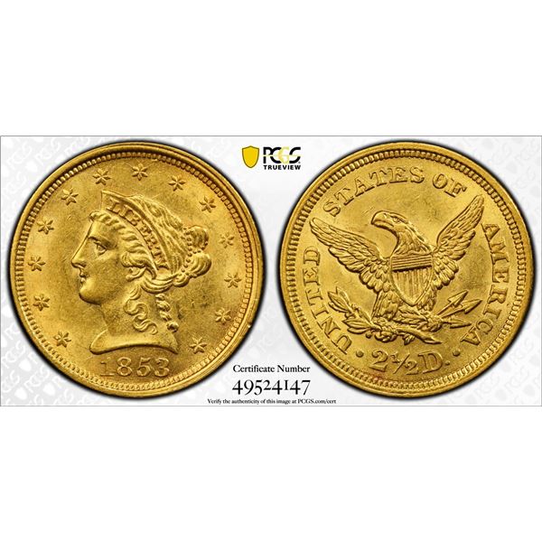 1853 $2.5 Liberty Head Quarter Eagle Gold Coin PCGS AU58
