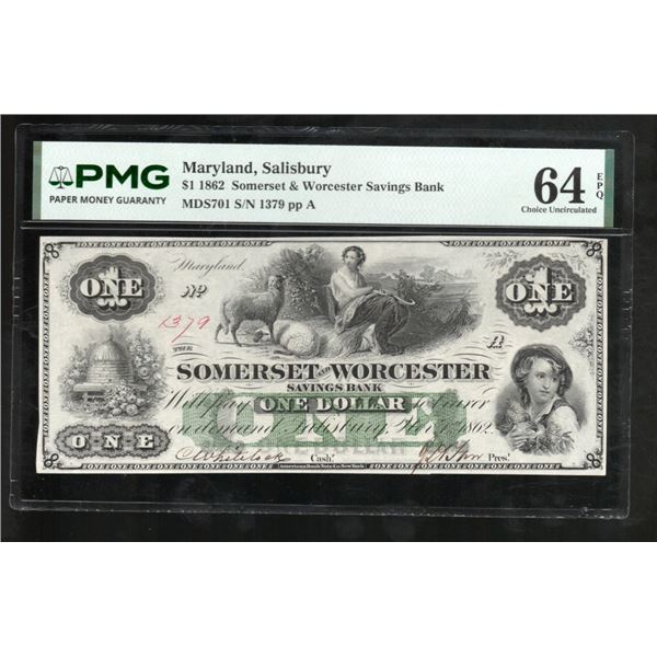 1862 $1 Salisbury MD Obsolete PMG 64EPQ