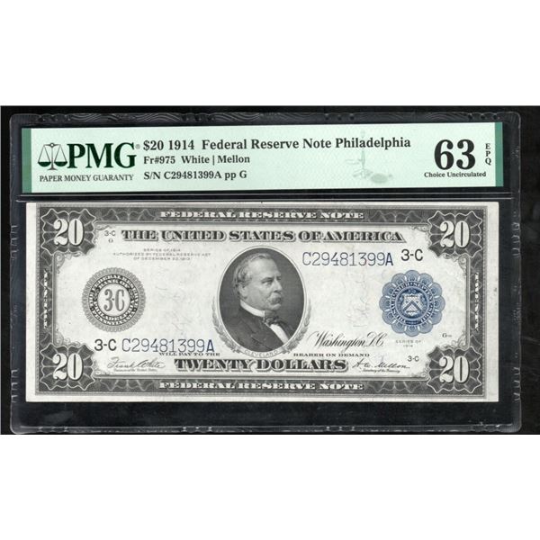 1914 $20 Philadelphia FRN PMG 63EPQ