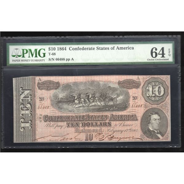 1864 $10 T-68 Confederate PMG 64EPQ