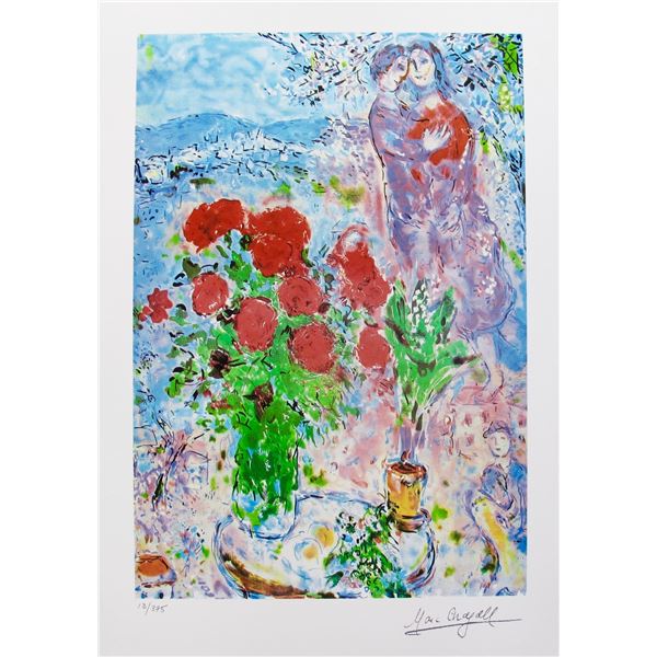 Marc Chagall RED BOUQUET WITH LOVERS Facsimile Signed Limited Edition Giclee