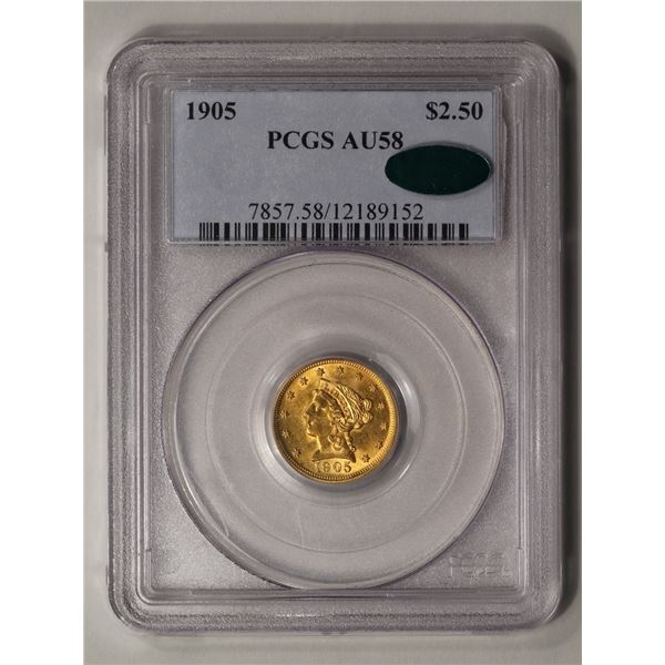 1905 $2.5 Liberty Head Quarter Eagle Gold Coin PCGS AU58
