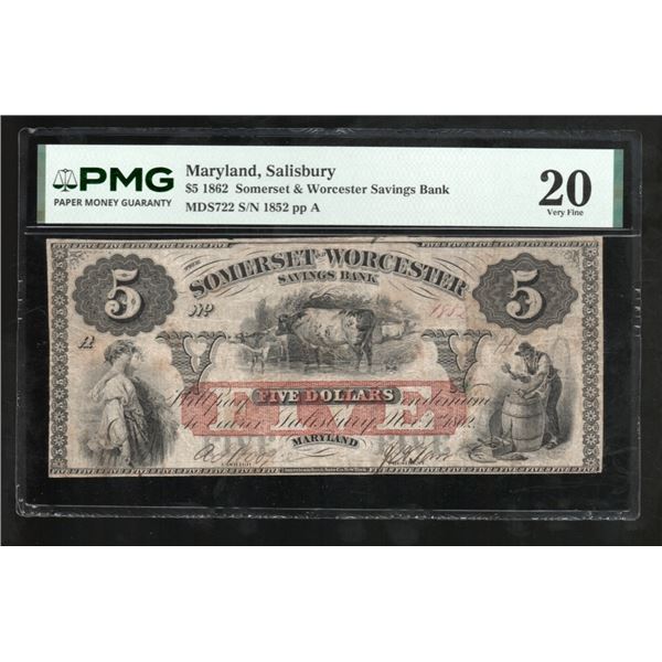 1862 $5 Salisbury MD Obsolete PMG 20