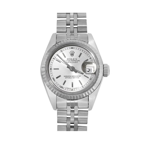 Rolex Ladies Stainless Steel Silver Index Quickset Datejust Watch Fluted Bezel