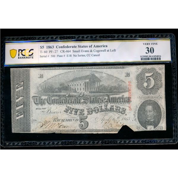 1863 $5 T-60 Confederate PCGS 30