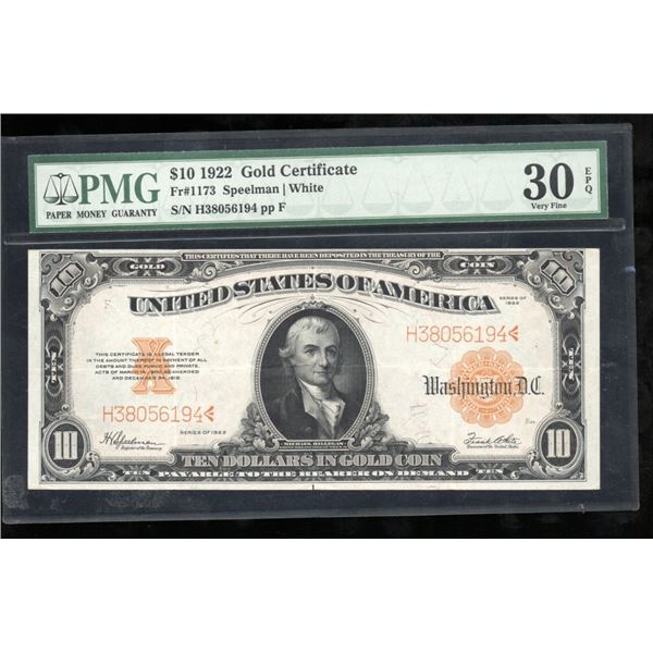 1922 $10 Gold Certificate PMG 30EPQ