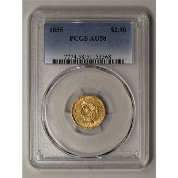 1855 $2.5 Liberty Head Quarter Eagle Gold Coin PCGS AU58