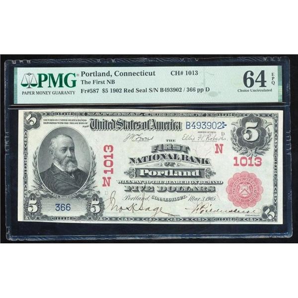 1902 $5 Red Seal Portland CT National PMG 64EPQ