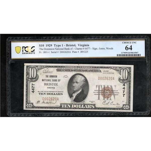 1929 $10 Bristol VA National PCGS 64