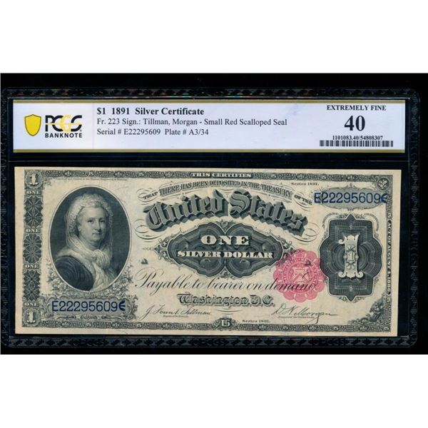 1891 $1 Martha Washington Silver Certificate PCGS 40