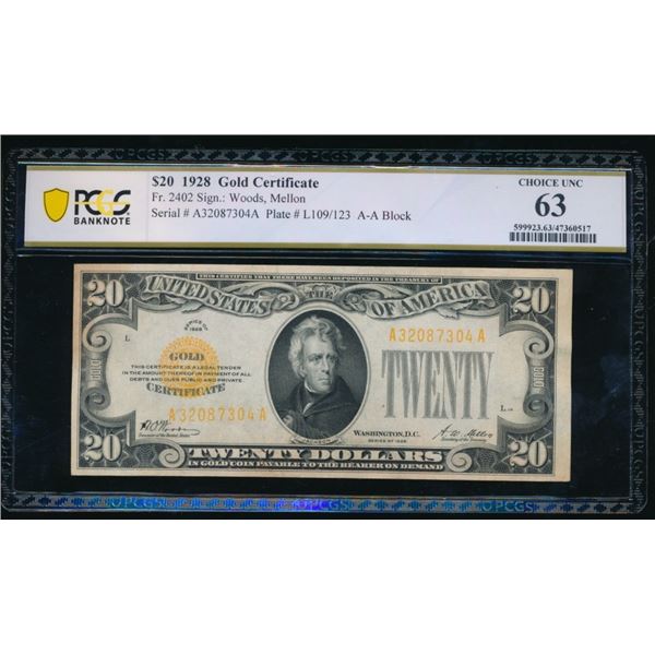 1928 $20 Gold Certificate PCGS 63