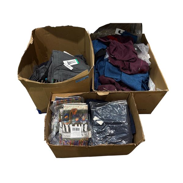 3 boxes of new assorted clothing - Robert Graham trousers, Buffalo jeans, Spyder jackets (assorted s