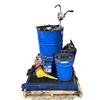 Image 1 : Group of workshop items - blue drum with rotary pump and oil, drip tray, yellow funnel etc.