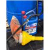 Image 2 : Group of workshop items - blue drum with rotary pump and oil, drip tray, yellow funnel etc.