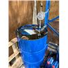 Image 3 : Group of workshop items - blue drum with rotary pump and oil, drip tray, yellow funnel etc.