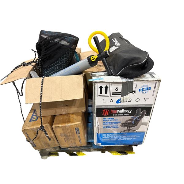 Pallet of assorted Costco return items & misc. - Water Sports rafts & gear, sleeping bag (lazy boy b
