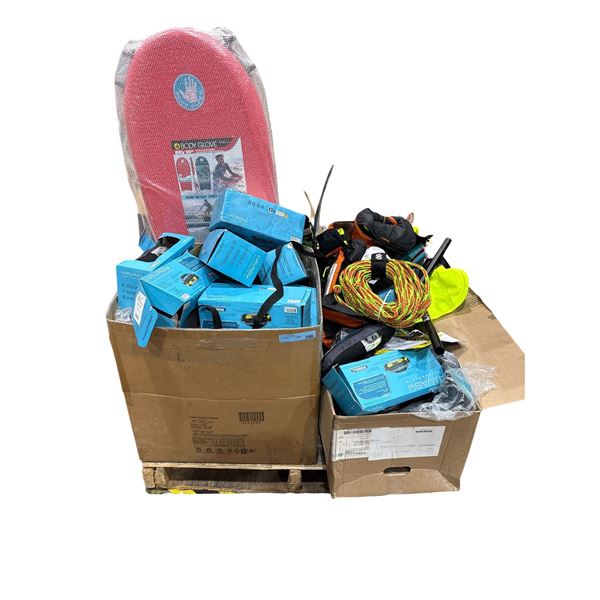 Pallet full of new & Costco return items - Water Sports equipment, water vests, Body Glove surfboard