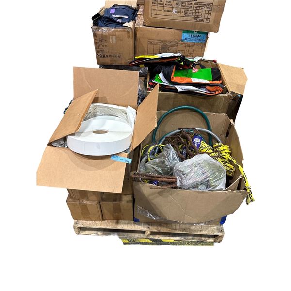 Pallet of misc. - Thermal printer label rolls, rope, Water Sports gear