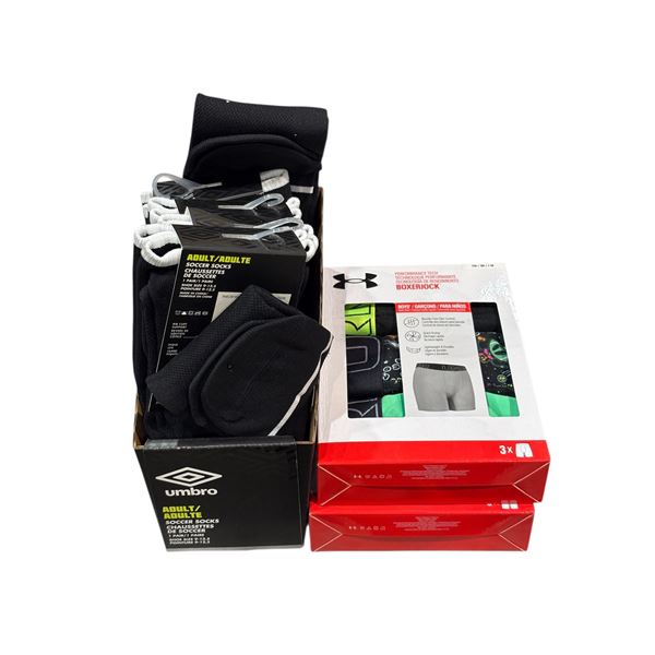 Group of Under Armour Medium boxer jocks & Umbro adult soccer socks size 9-12.5