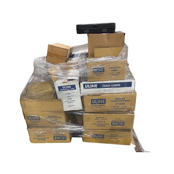 Pallet of Uline office supplies - trash liners, resealable polypropylene Bags, industrial tape, prin