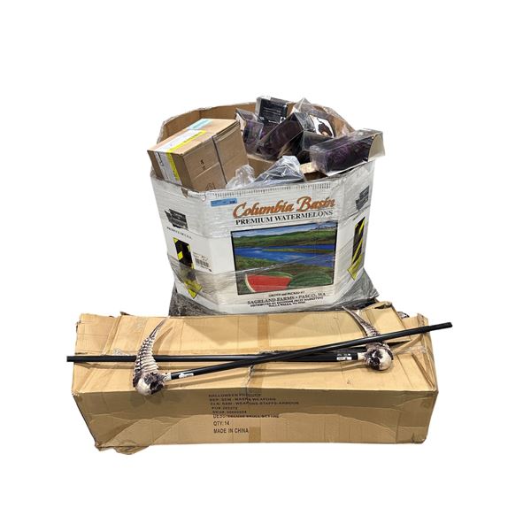 Pallet of misc. items - prop skull scythes, wigs, Denali snowshoe kit, water sports equipment