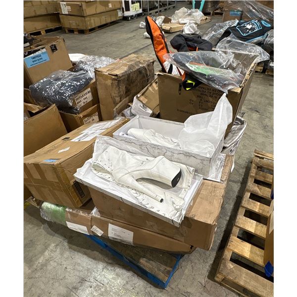 Pallet of assorted items - Water Sports gear, raft, pair of knee high heels etc.