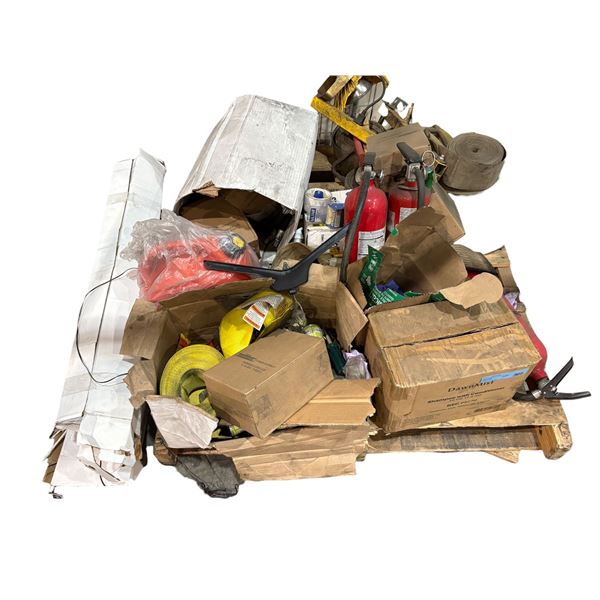 Pallet of Misc - Fire Extinguishers, Gas Can, Shampoo, Work Light, Etc.
