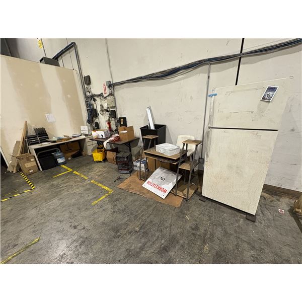 Large Group of Misc - Fridge, Heavy Duty Charger, HP Monitor, Office Desks, Chair, Etc.
