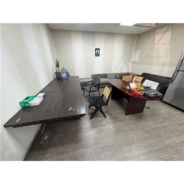 Large Group of Furniture - Wood Table, Chairs, Grey Ottoman, Black Sofa, Various Sofa Ends, Etc.