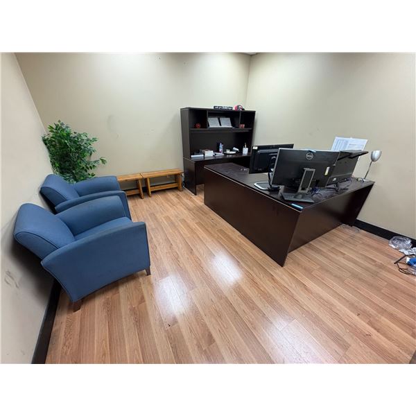 Group of Office Desk, Office Cabinet, 2x Blue Chairs & Faux Plant (Electronics Not Included)