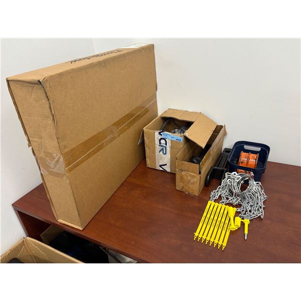 Lot of Industrial Hardware & Equipment Including Wheel Cover Kit, Pulley Block, Chain, Shackles & Se