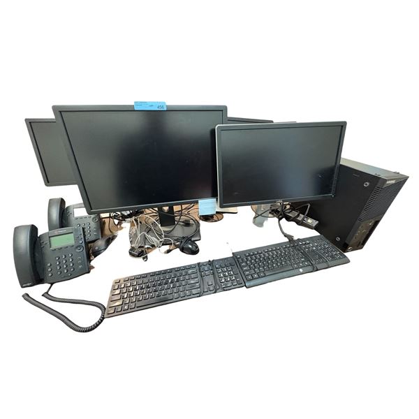 Group of Assorted Monitors, PC, & Keyboards - 3x Dell Monitors, ThinkCentre PC, Office Phones, Etc.