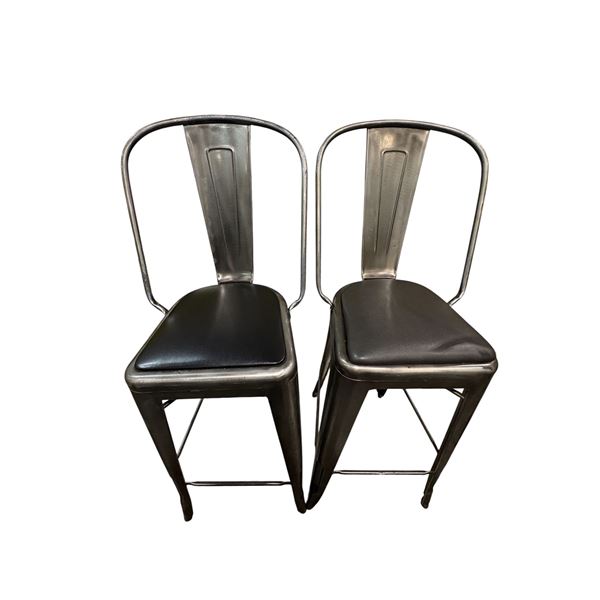 Group of 4 metal Grey Bar Stool Chairs with leather cushion seat (46" H x 15" D seat to Ground 30.5i