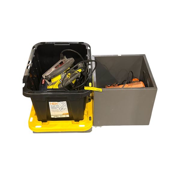 Bin of Various Rigid Equip. - Drill, Battery Charger w/Battery & Battery Dual Charger