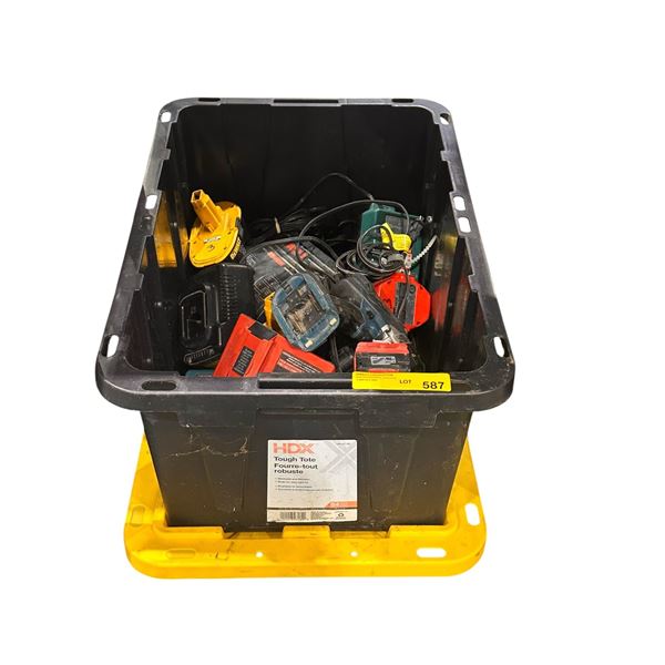 Bin of Various Ryobi Equip. - Drills, Battery Charger, Table Saw, Etc.