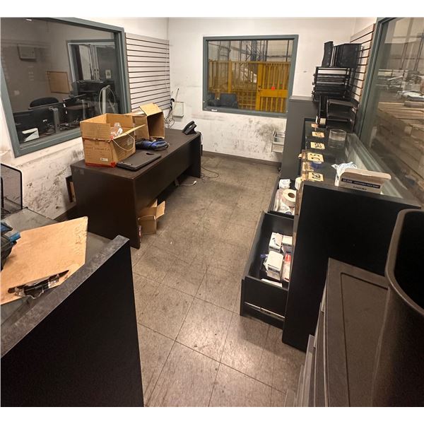 Room Lot of Assorted Misc - Desk, Filing Cabinet, Storage Bin, 2x Glass Shelves w/Storage, Etc.