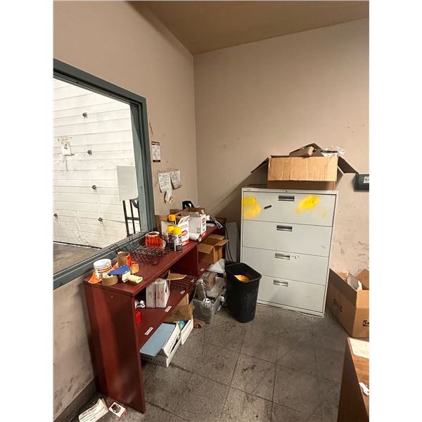Room Lot of Assorted Misc - Office Desk, Filing Cabinet, Storage Shelf w/Contents (Electronics Not I