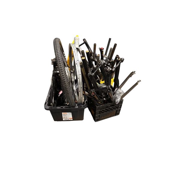 Pallet of Assorted Bike Parts - Forks, Tires, Etc.