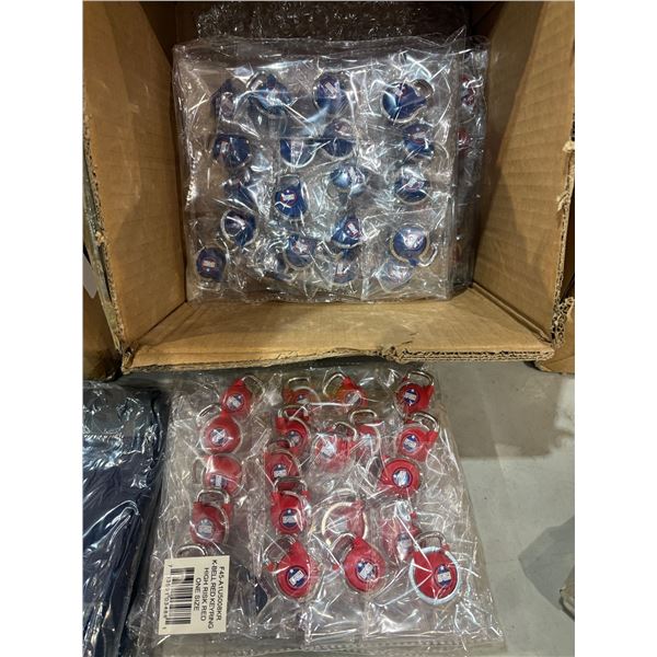 Group of F45 key chains kettle bell shaped red & blue