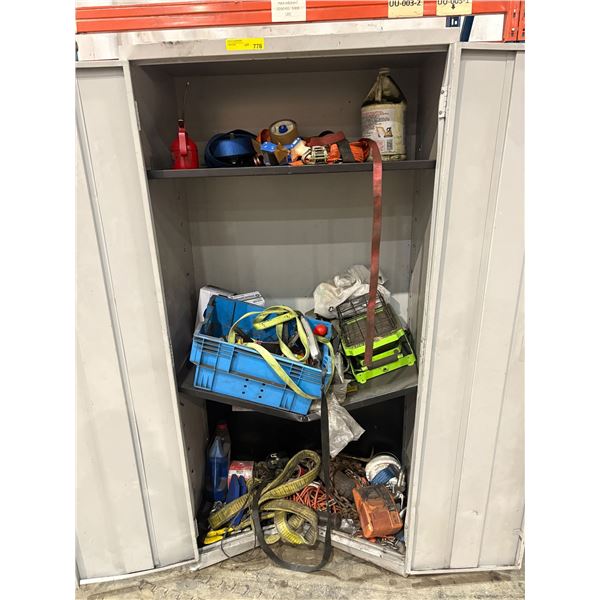 Metal cabinet with contents - straps, tools, warehouse supplies