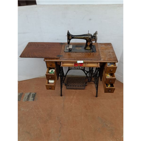 *Antique Singer Sewing Machine Table w/Contents - 36x17x30" Closed - Cannot Ship