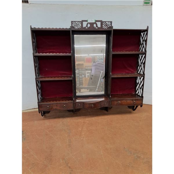 * Antique Victorian "Chippendale Style" Hanging Wall Shelf w/Mirror - 48x41x9" - Cannot Ship