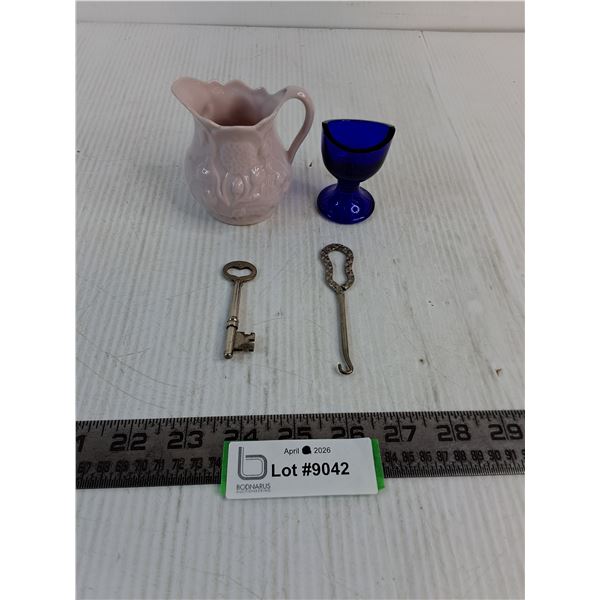 Antiques (Cobalt Blue Glass Eye Wash Cup, Button Hook & Skeleton Key), Japanese Creamer